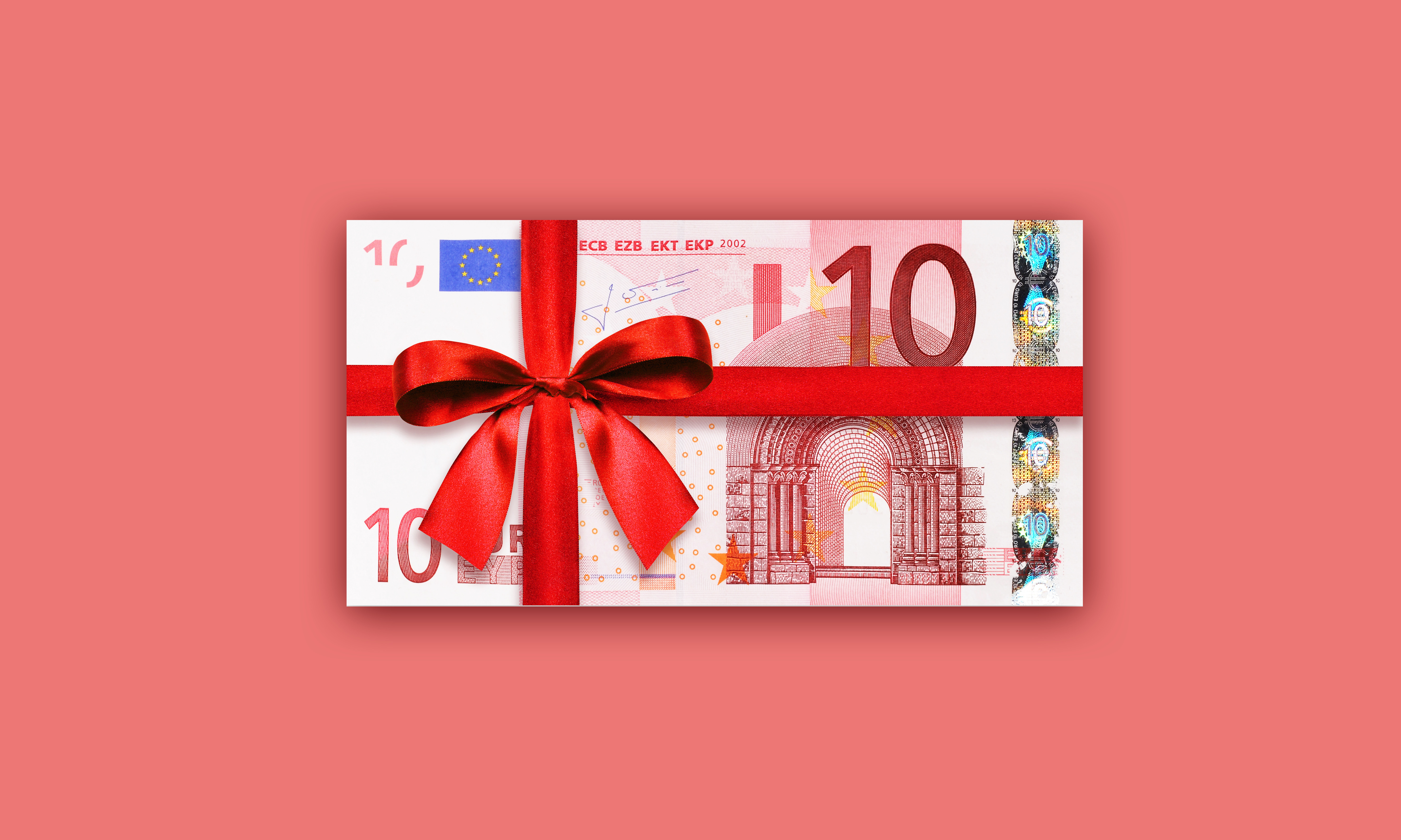10 Euro Geldschein, als Geschenk verpackt mit rotem Band und Schleife, vor einfarbigem Hintergrund – ideales Geschenk, Geldgeschenk oder Gutschein für verschiedene Anlässe wie Geburtstag, Hochzeit oder Weihnachten.