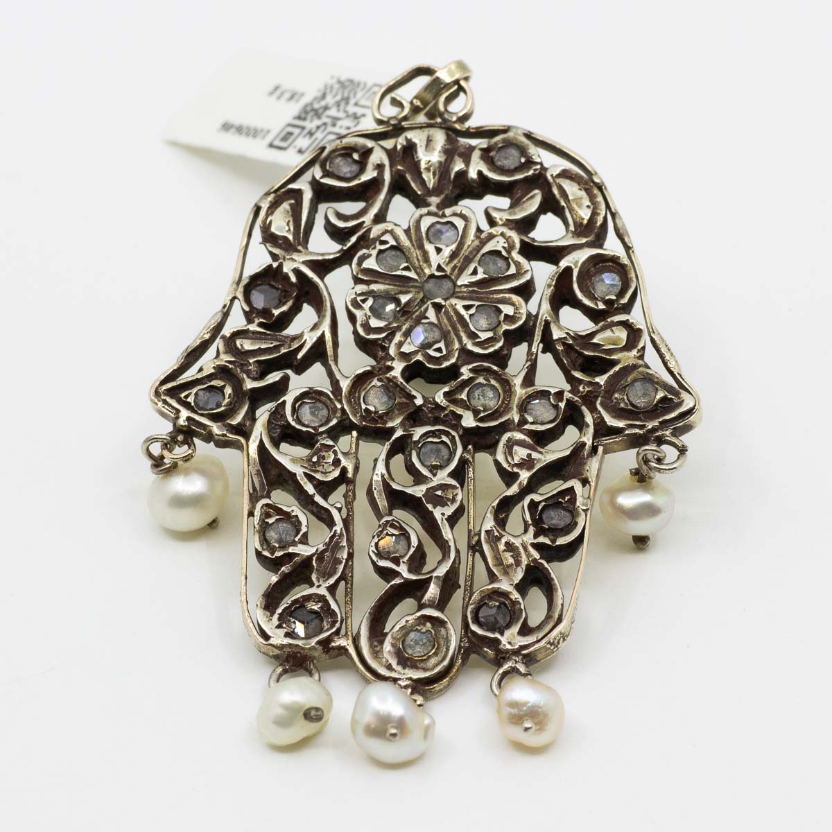 1 Anhänger 333/ Silber "Hand der Fatima" mit Diamantrosen und Perlen, 18,3 g, 68 x 40 mm