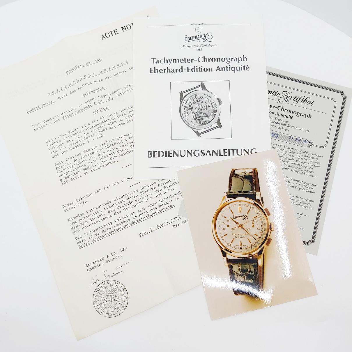 1 Armbanduhr Eberhard u. CO Chrono, limitiert, Lederband, Papierer