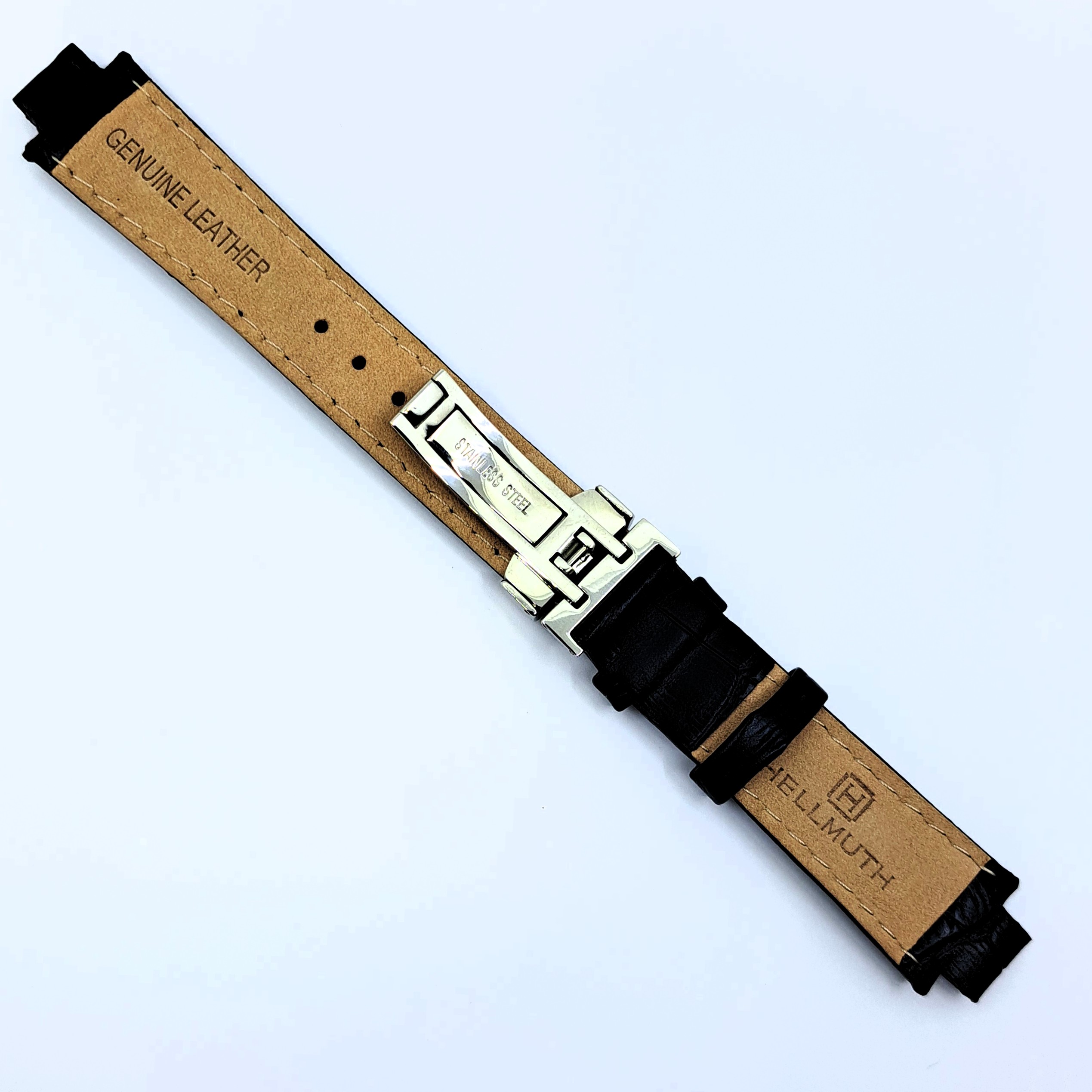 Schwarzes Lederband mit Alligatorstruktur, 19 mm für Anstoß 11 mm, Faltschließe