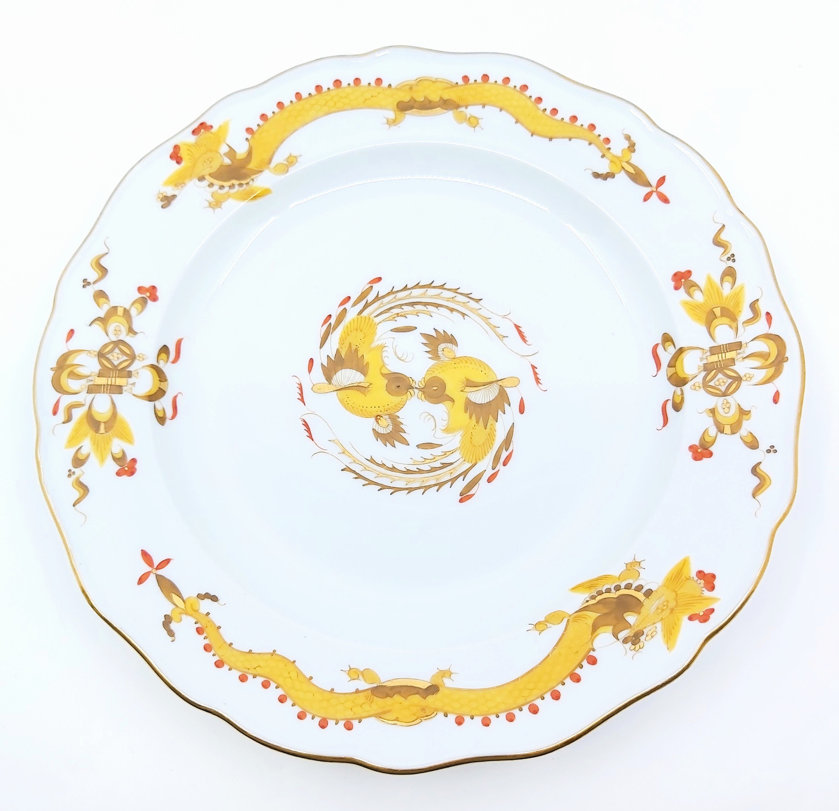 Teller Meissen gelber reicher Hofdrache, 25 cm Durchmesser