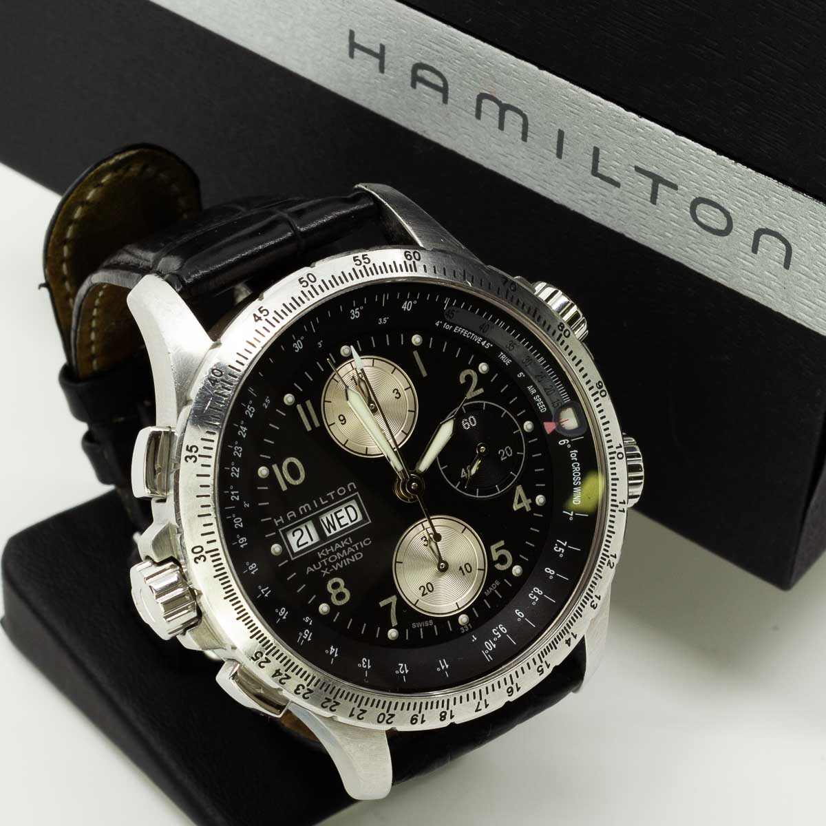 1 Armbanduhr Stahl Hamilton H 776160 Ø 45 mm, mit Lederband (nicht original), Gebrauchsspuren , mit Originalbox
