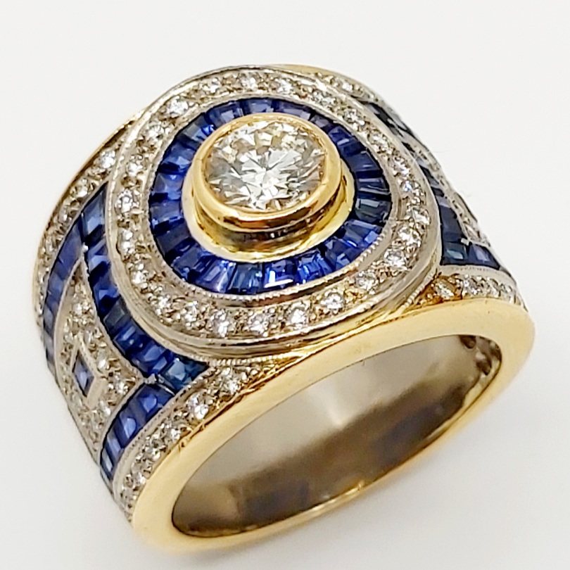 1 Ring 750/-, Brillanten, blaue Steine, Größe: 53, 14,72 g