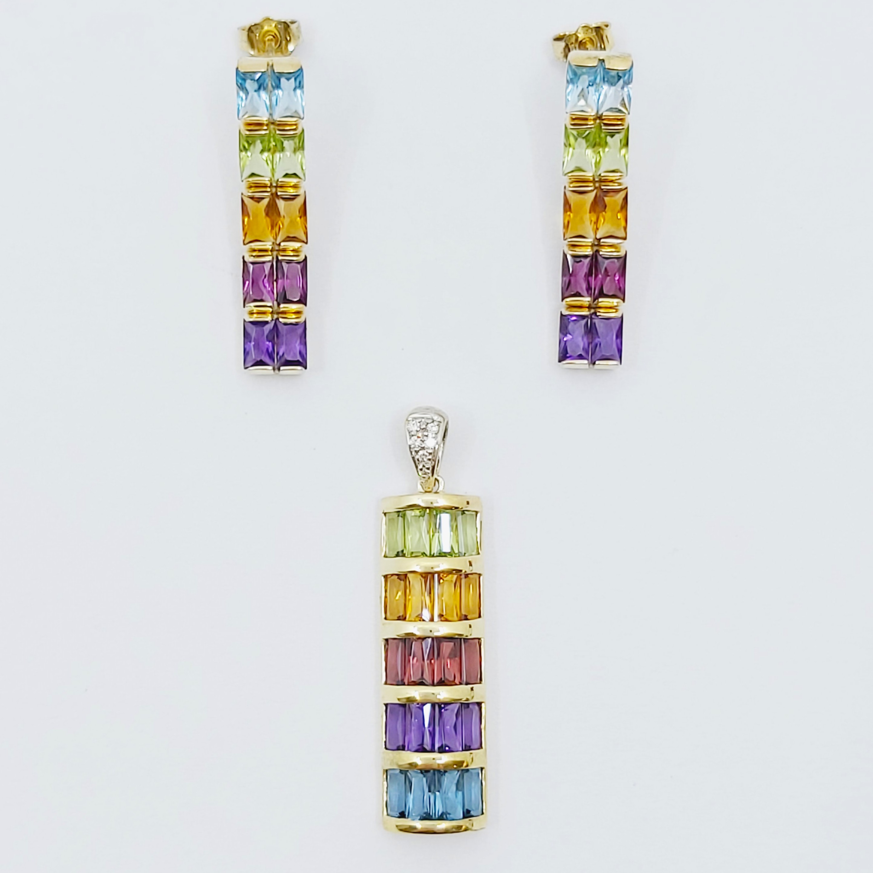 Schmuckset 750/- mit farbigen Steinen und Brillanten, 13,140g