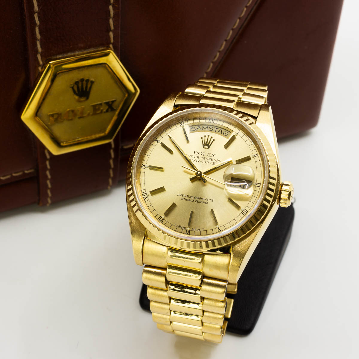 1 Armbanduhr Rolex Daydate 36 mm, 750/- Gelbgold President, Ref.18038 ,Baujahr 1979, Originalbox ohne Inlay