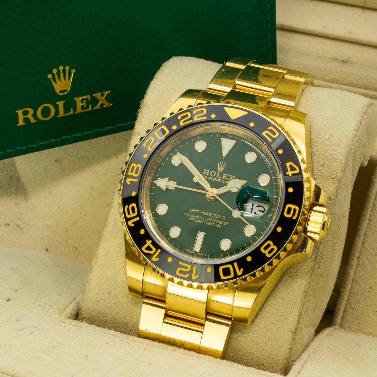 1 Armbanduhr Rolex GMT-Master II 750/- Gelbgold 217,7g,  Mod.116718LN, MOU27554 mit Originalpapiere und -box, Gebrauchsspuren